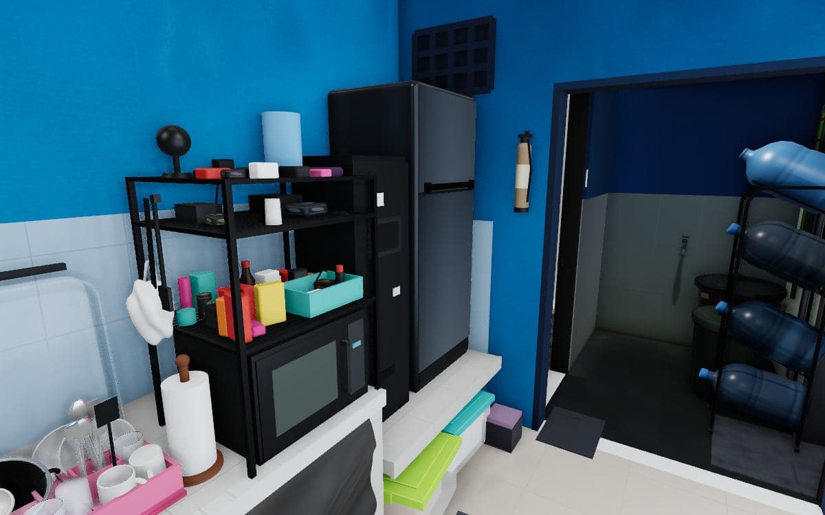 Dapur di tur 3D dengan dinding biru, kulkas hitam, dan rak microwave