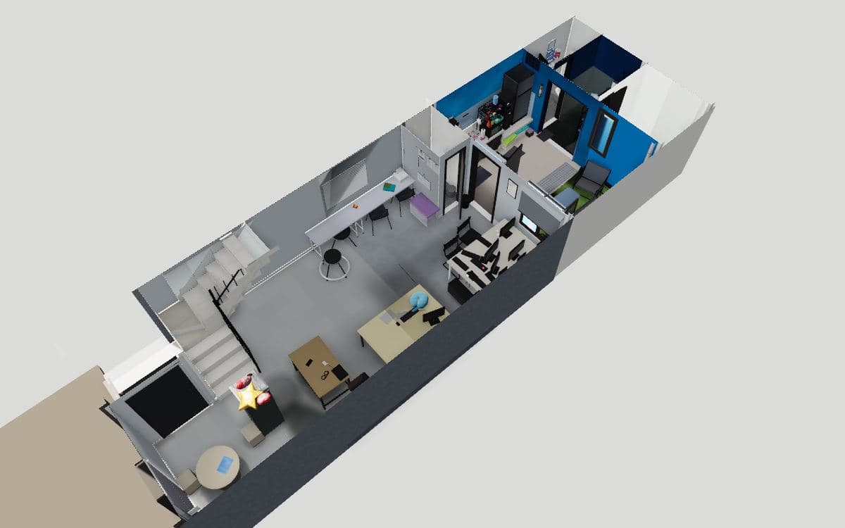 Denah 3D lantai 1 rumah C7B dilihat dari atas tanpa atap