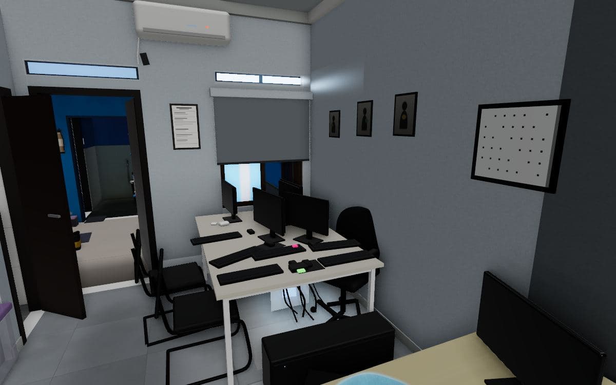 Ruang kerja di tur 3D: meja putih, monitor, AC, dan pintu ke dapur