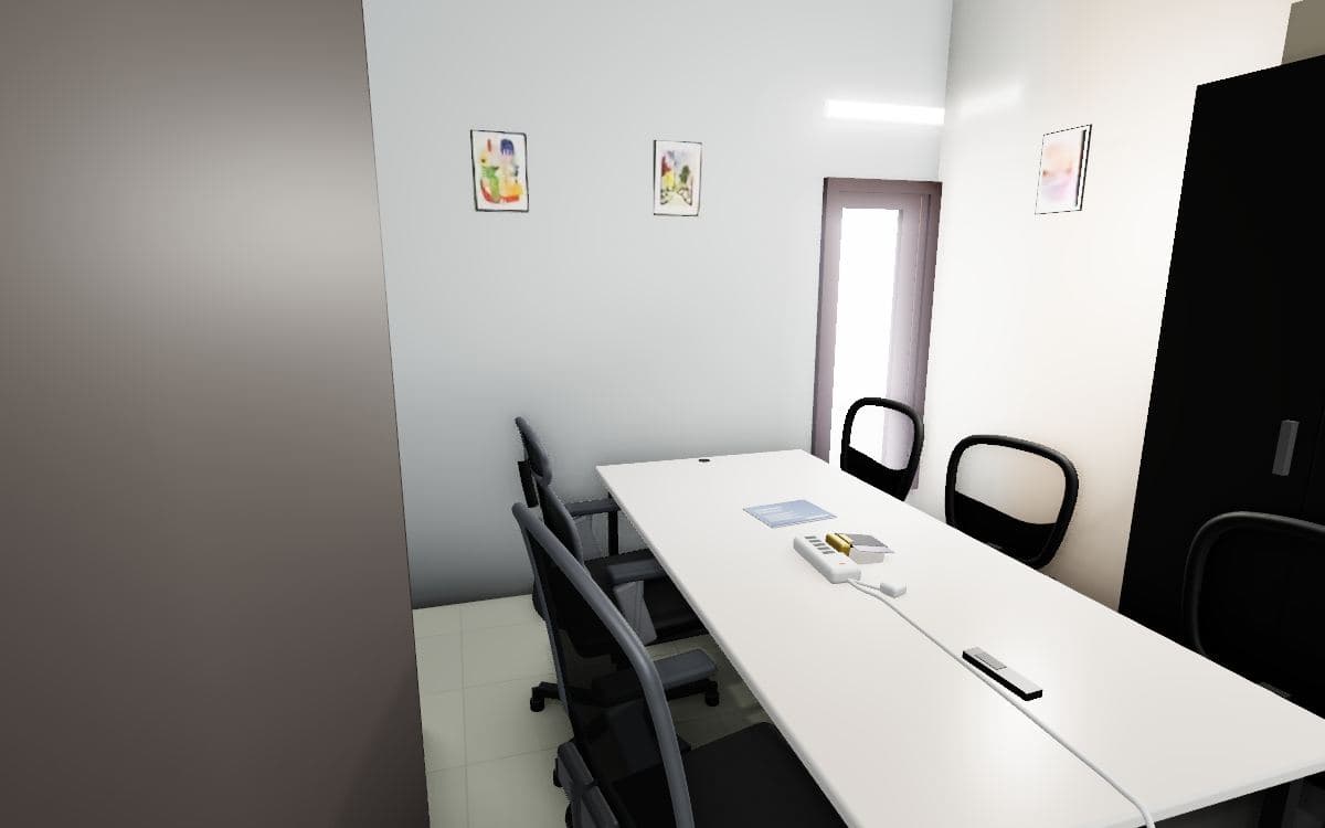 Ruang meeting lantai 2 di tur 3D dengan meja panjang putih dan kursi jaring