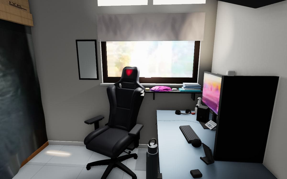 Ruang studio lantai 2 di tur 3D dengan kursi gaming dan jendela depan