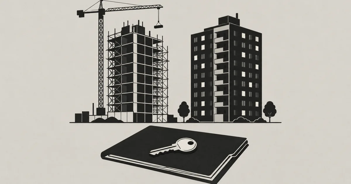 Ilustrasi monokrom dua menara apartemen, satu masih dibangun dengan derek dan satu sudah berdiri, dengan kunci di atas map dokumen di depannya