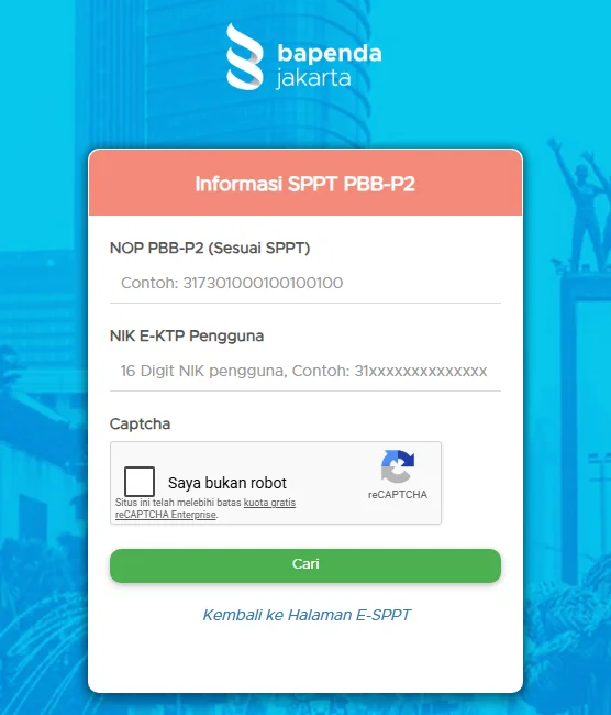 Tangkapan layar formulir Informasi SPPT PBB-P2 Bapenda DKI Jakarta dengan isian NOP PBB-P2 sesuai SPPT, NIK e-KTP pengguna, captcha, dan tombol Cari