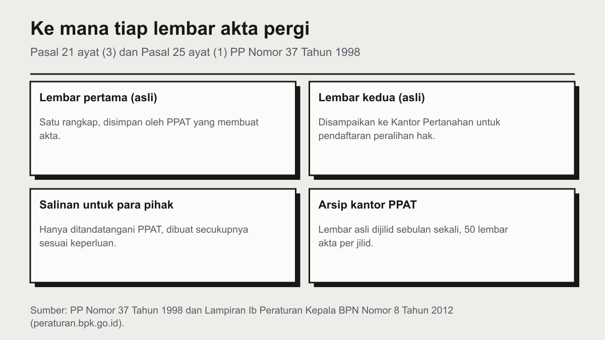 Empat kartu: lembar pertama asli disimpan PPAT, lembar kedua asli disampaikan ke Kantor Pertanahan untuk pendaftaran, para pihak menerima salinan yang hanya ditandatangani PPAT, dan lembar asli di kantor PPAT dijilid sebulan sekali dengan 50 lembar akta per jilid