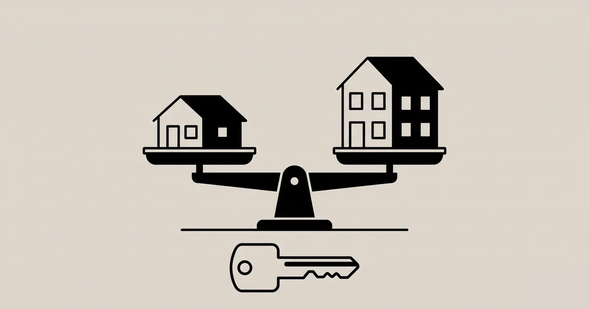 Ilustrasi timbangan dengan rumah kecil satu lantai di satu sisi dan rumah dua lantai yang lebih besar di sisi lain, dengan kunci rumah di bawahnya
