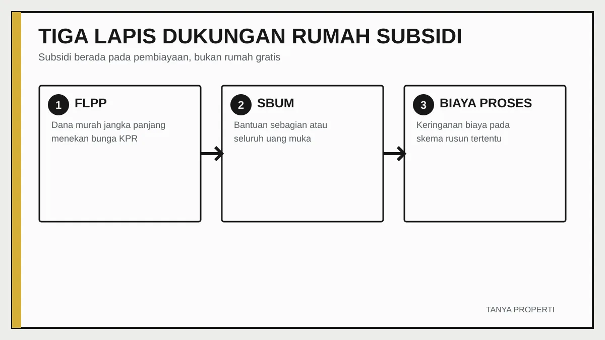 Tiga lapis dukungan rumah subsidi berupa FLPP, SBUM, dan subsidi biaya proses
