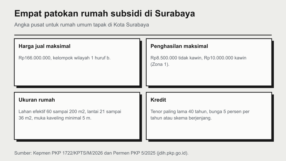 Empat kartu patokan: batas harga jual Rp166.000.000, batas penghasilan Rp8.500.000 tidak kawin dan Rp10.000.000 kawin, luas lahan efektif 60 sampai 200 m2 dengan luas lantai 21 sampai 36 m2, serta tenor paling lama 40 tahun dengan bunga 5 persen per tahun