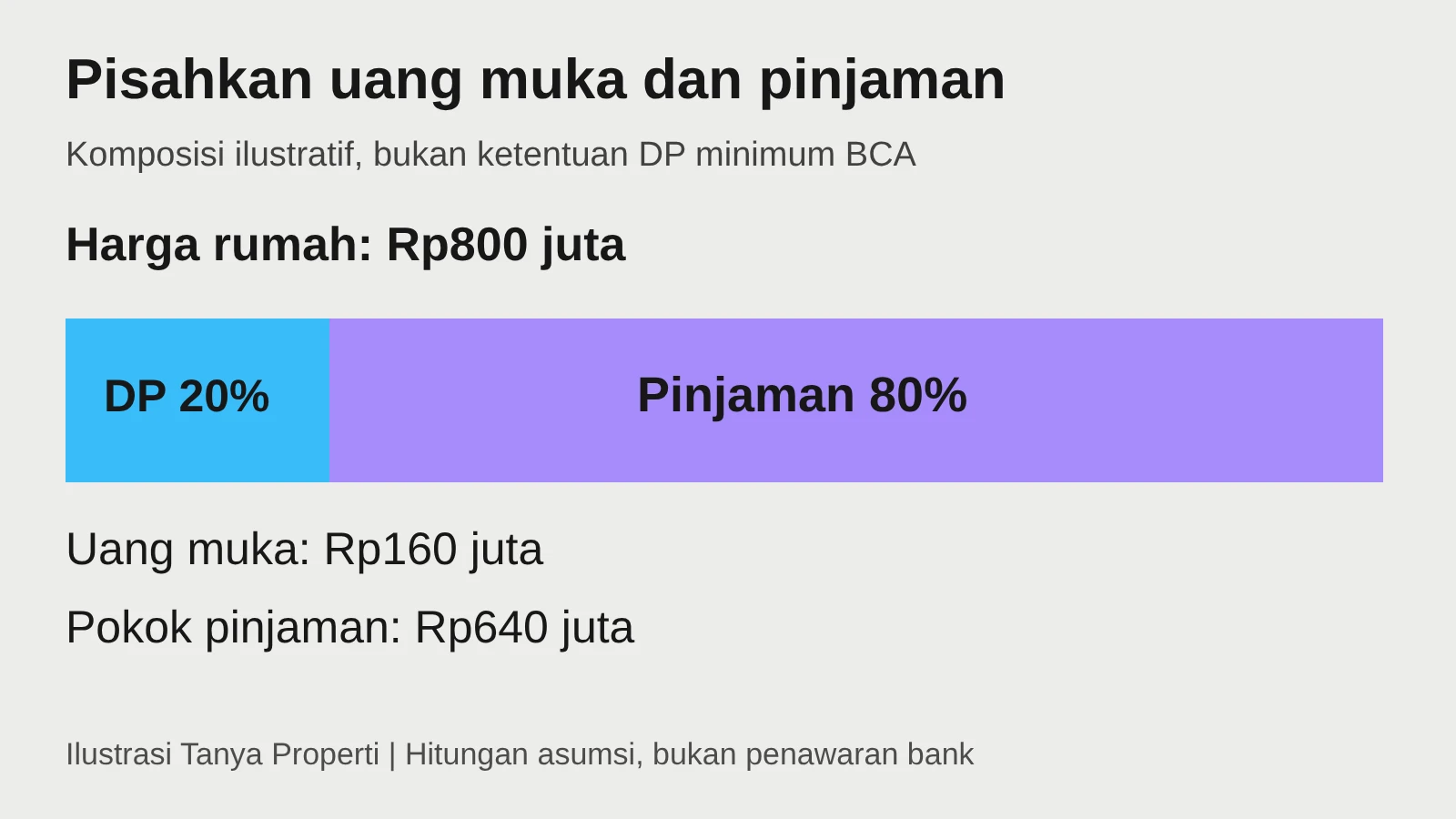 Komposisi ilustrasi harga rumah Rp800 juta: uang muka 20 persen Rp160 juta dan pokok pinjaman Rp640 juta