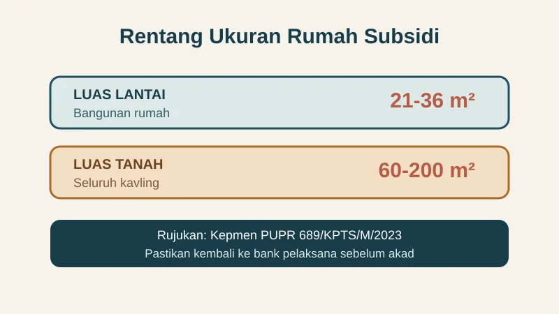 Infografik rentang ukuran rumah subsidi 21 sampai 36 meter persegi dan tanah 60 sampai 200 meter persegi